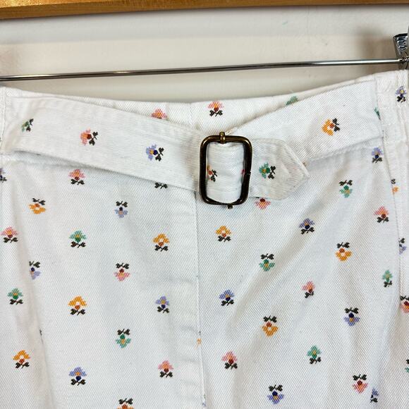 Vintage White Ditsy Floral Pleated Belted Midi Jean Skirt 8 M 80s 90s - Picture 5 of 9